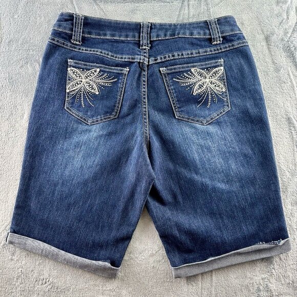 Christopher & Banks Rhinestone Jean Shorts Sz 6 Blue Pockets Flowers Cuffed EUC - Picture 2 of 14